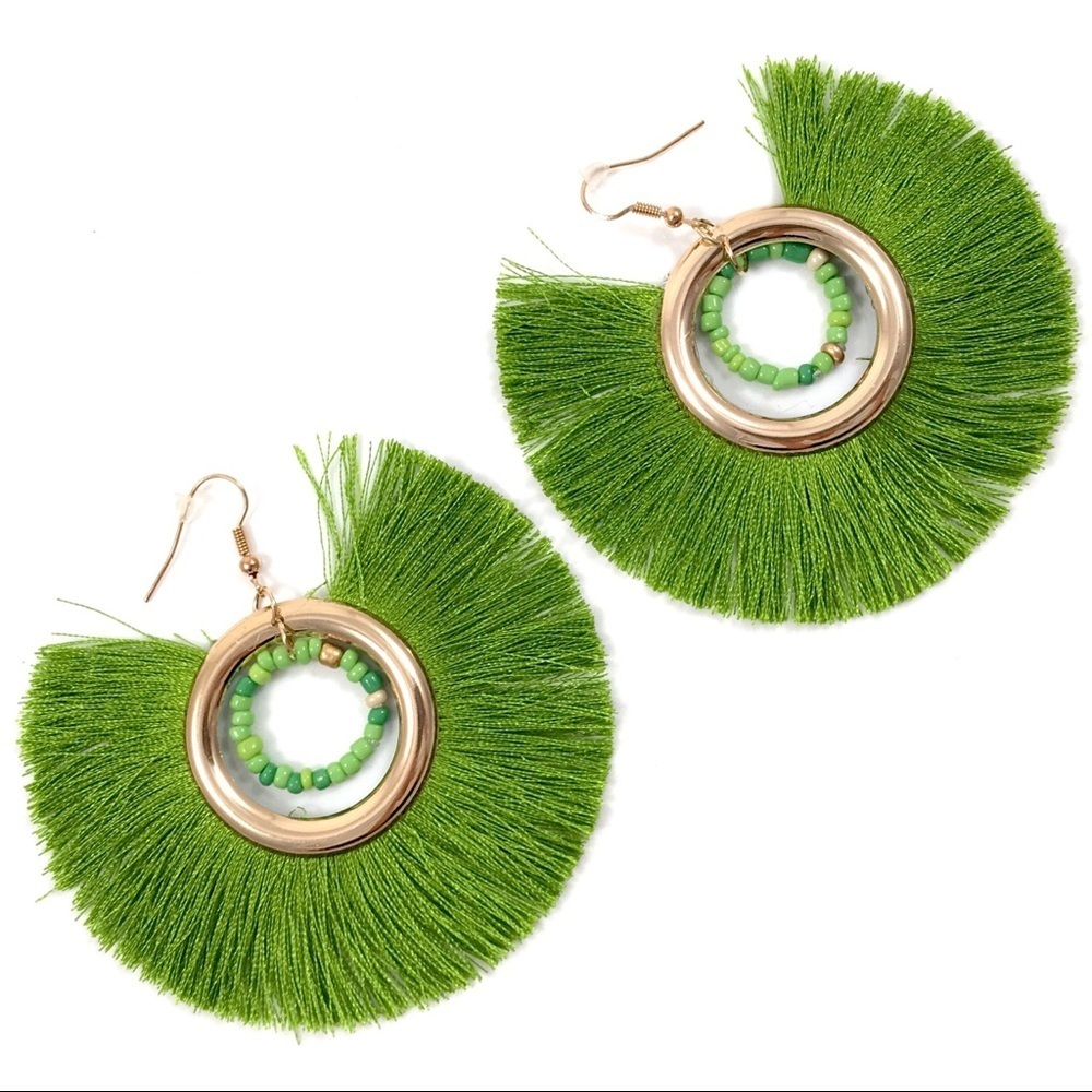 Large gold hoop green tassel circle earrings